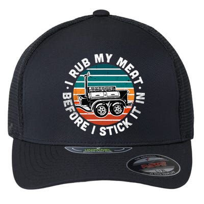 BBQ Dad Offset Smoker Pit Accessory I Rub My Meat Funny Text Flexfit Unipanel Trucker Cap