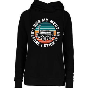 BBQ Dad Offset Smoker Pit Accessory I Rub My Meat Funny Text Womens Funnel Neck Pullover Hood