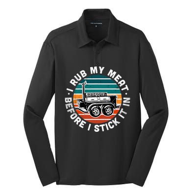 BBQ Dad Offset Smoker Pit Accessory I Rub My Meat Funny Text Silk Touch Performance Long Sleeve Polo