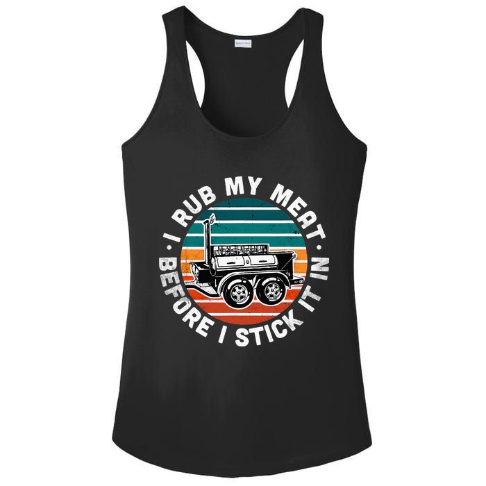 BBQ Dad Offset Smoker Pit Accessory I Rub My Meat Funny Text Ladies PosiCharge Competitor Racerback Tank