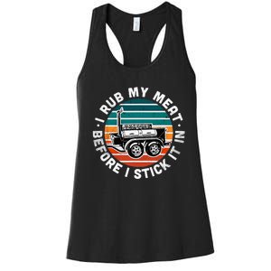 BBQ Dad Offset Smoker Pit Accessory I Rub My Meat Funny Text Women's Racerback Tank