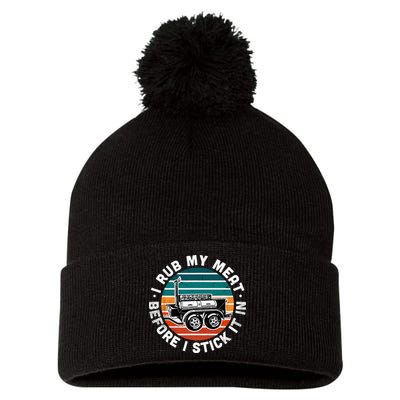 BBQ Dad Offset Smoker Pit Accessory I Rub My Meat Funny Text Pom Pom 12in Knit Beanie