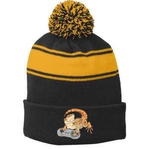 Bearded Dragon Playing Video Game Reptiles Pagona Gamer Stripe Pom Pom Beanie