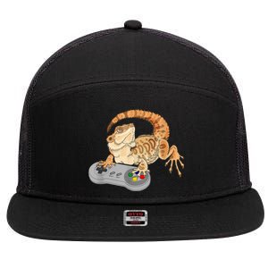 Bearded Dragon Playing Video Game Reptiles Pagona Gamer 7 Panel Mesh Trucker Snapback Hat