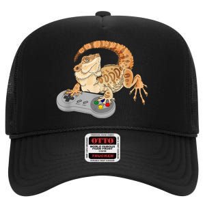 Bearded Dragon Playing Video Game Reptiles Pagona Gamer High Crown Mesh Back Trucker Hat