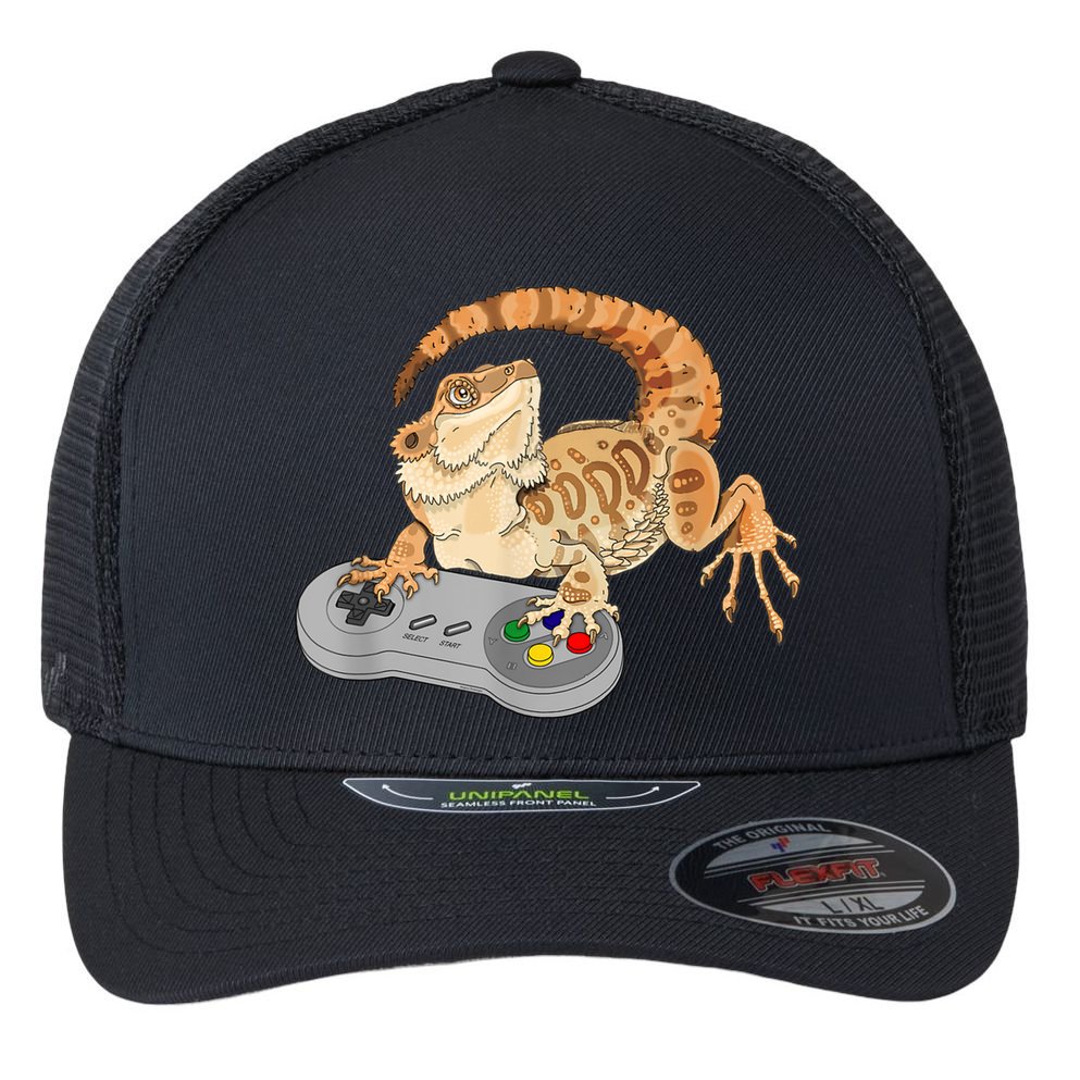 Bearded Dragon Playing Video Game Reptiles Pagona Gamer Flexfit Unipanel Trucker Cap