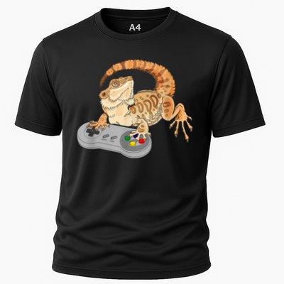 Bearded Dragon Playing Video Game Reptiles Pagona Gamer Cooling Performance Crew T-Shirt