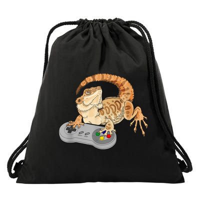 Bearded Dragon Playing Video Game Reptiles Pagona Gamer Drawstring Bag