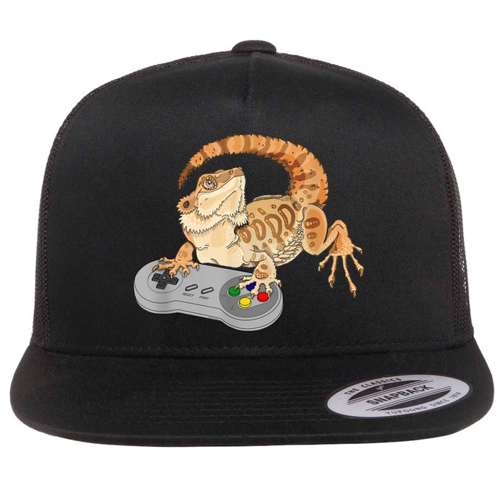 Bearded Dragon Playing Video Game Reptiles Pagona Gamer Flat Bill Trucker Hat