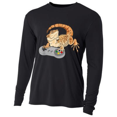 Bearded Dragon Playing Video Game Reptiles Pagona Gamer Cooling Performance Long Sleeve Crew