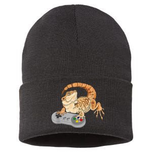 Bearded Dragon Playing Video Game Reptiles Pagona Gamer Sustainable Knit Beanie