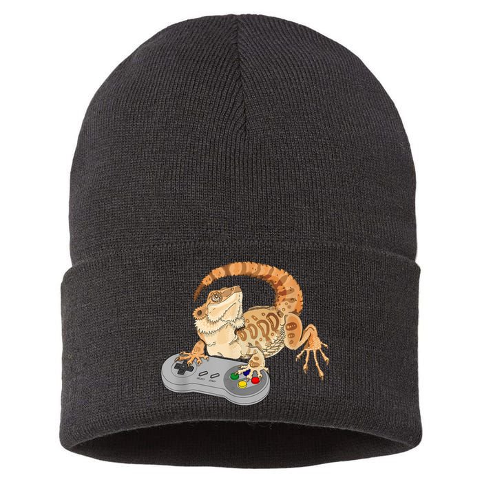 Bearded Dragon Playing Video Game Reptiles Pagona Gamer Sustainable Knit Beanie