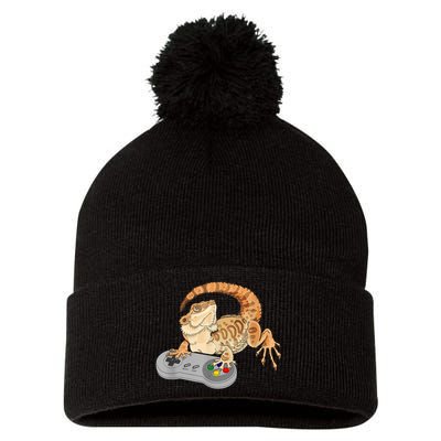 Bearded Dragon Playing Video Game Reptiles Pagona Gamer Pom Pom 12in Knit Beanie