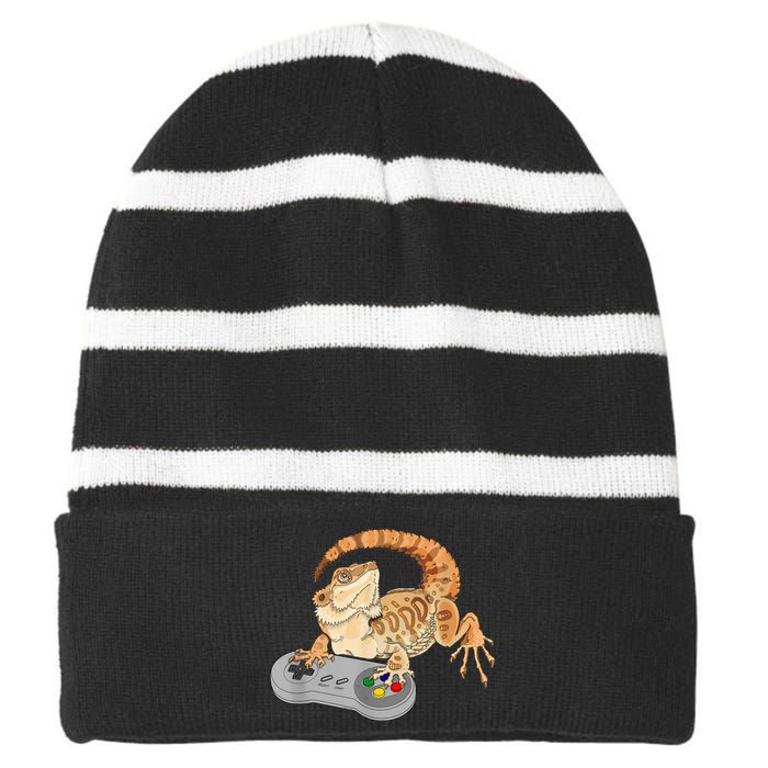 Bearded Dragon Playing Video Game Reptiles Pagona Gamer Striped Beanie with Solid Band