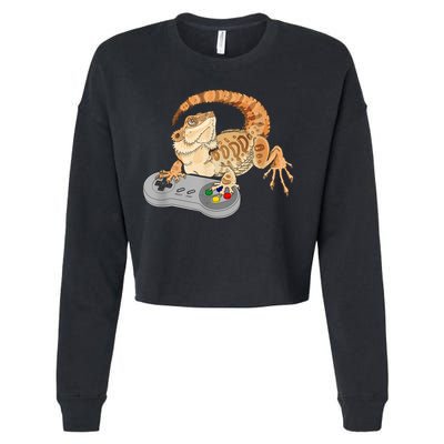 Bearded Dragon Playing Video Game Reptiles Pagona Gamer Cropped Pullover Crew