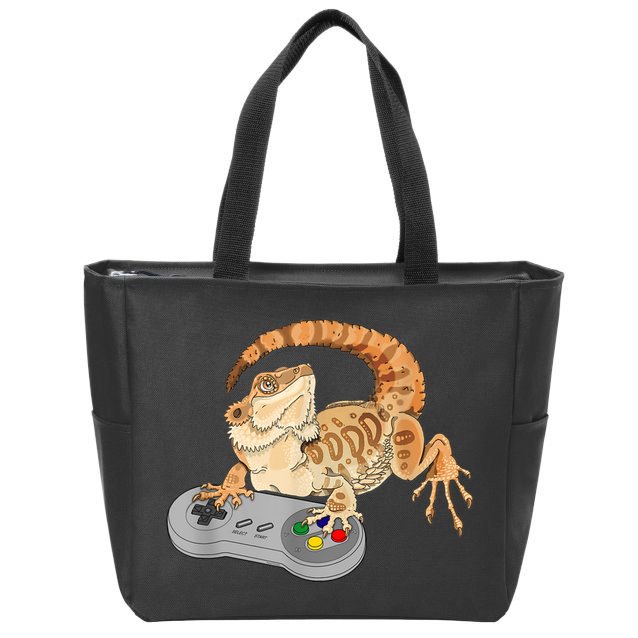 Bearded Dragon Playing Video Game Reptiles Pagona Gamer Zip Tote Bag