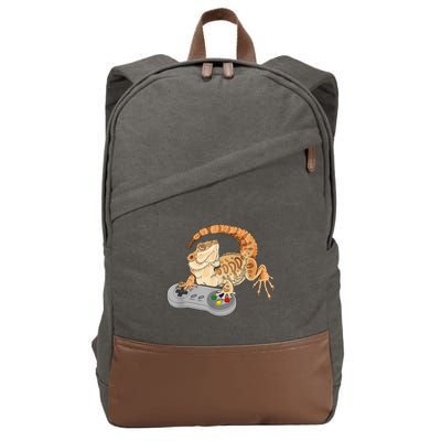 Bearded Dragon Playing Video Game Reptiles Pagona Gamer Cotton Canvas Backpack