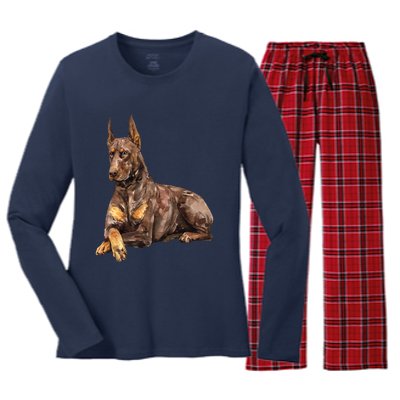 Brown Doberman Pinscher Women's Long Sleeve Flannel Pajama Set 