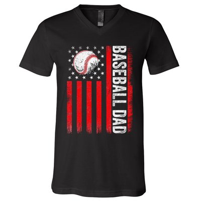 Baseball Dad Player American Us Flag Patriotic V-Neck T-Shirt