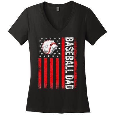 Baseball Dad Player American Us Flag Patriotic Women's V-Neck T-Shirt