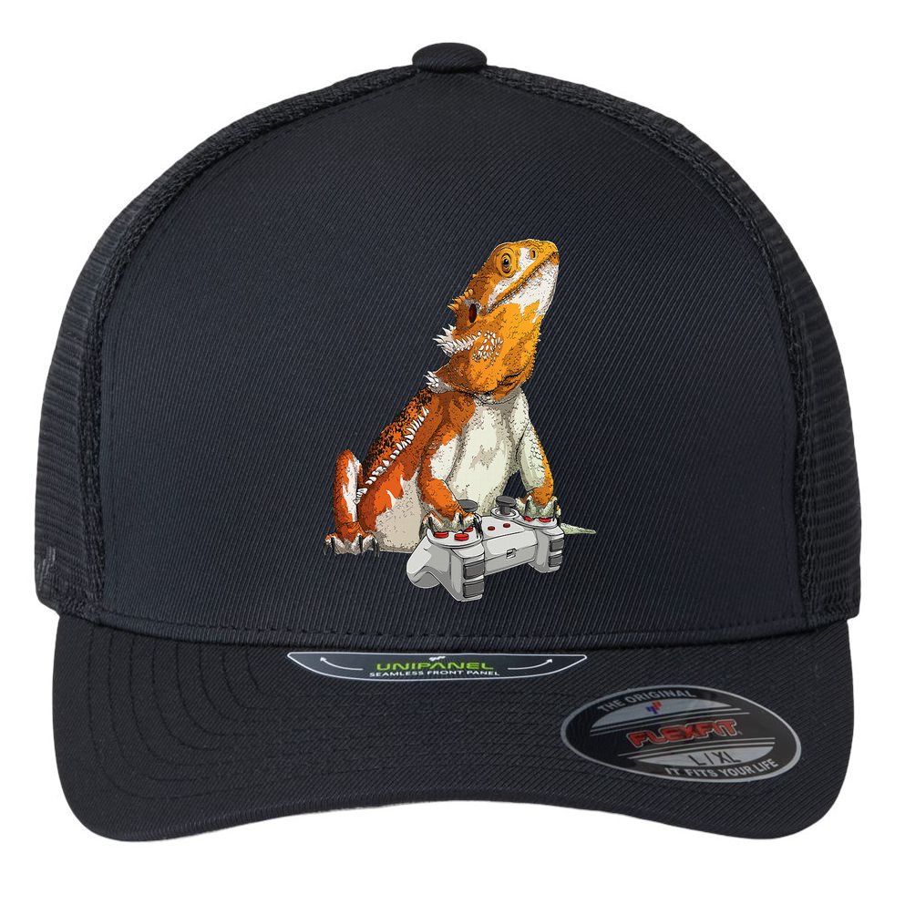 Bearded Dragon Playing Video Games Reptiles lizard Gamers Flexfit Unipanel Trucker Cap