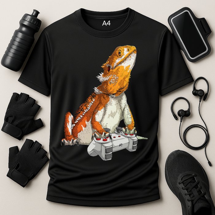 Bearded Dragon Playing Video Games Reptiles lizard Gamers Cooling Performance Crew T-Shirt