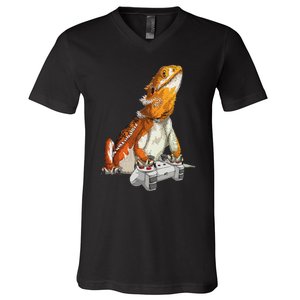 Bearded Dragon Playing Video Games Reptiles lizard Gamers V-Neck T-Shirt