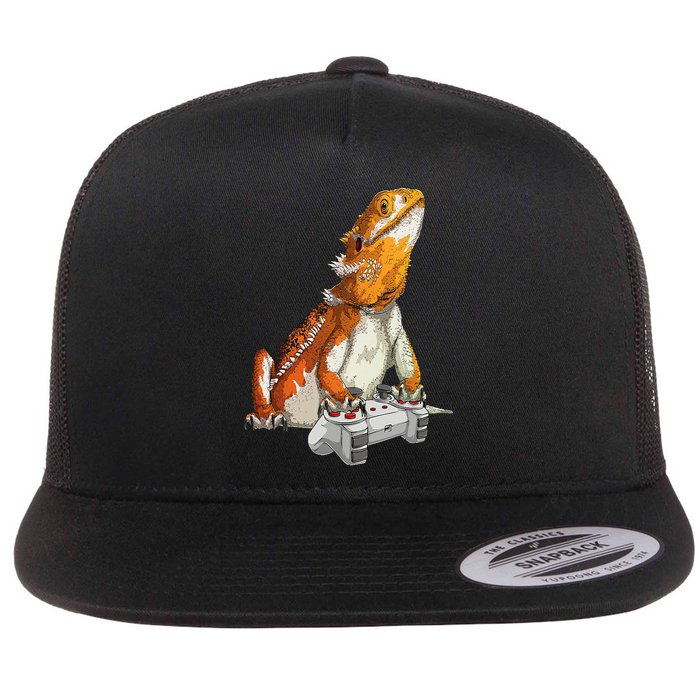 Bearded Dragon Playing Video Games Reptiles lizard Gamers Flat Bill Trucker Hat