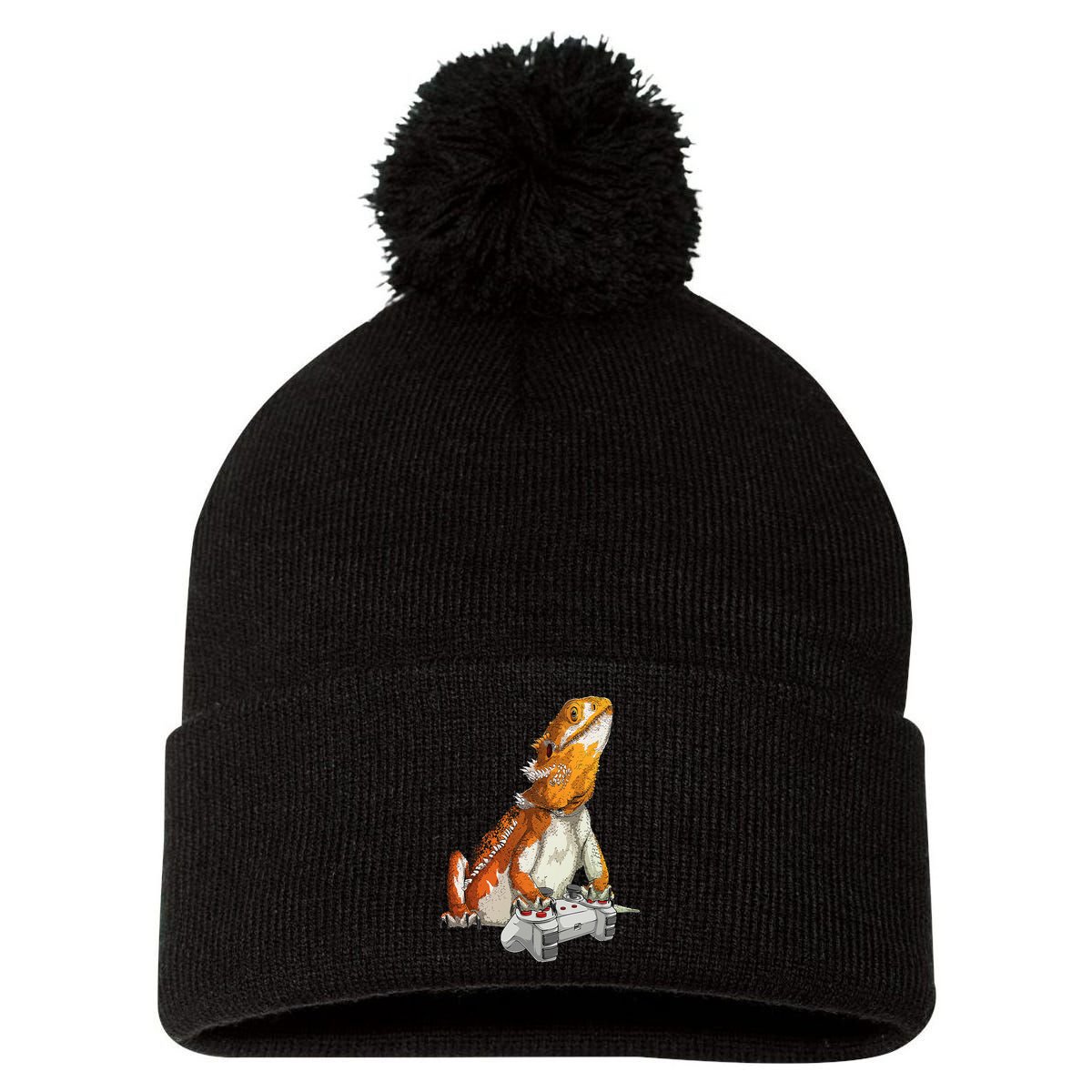 Bearded Dragon Playing Video Games Reptiles lizard Gamers Pom Pom 12in Knit Beanie