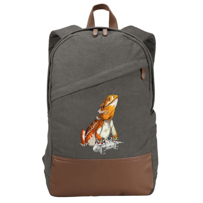 Bearded Dragon Playing Video Games Reptiles lizard Gamers Cotton Canvas Backpack