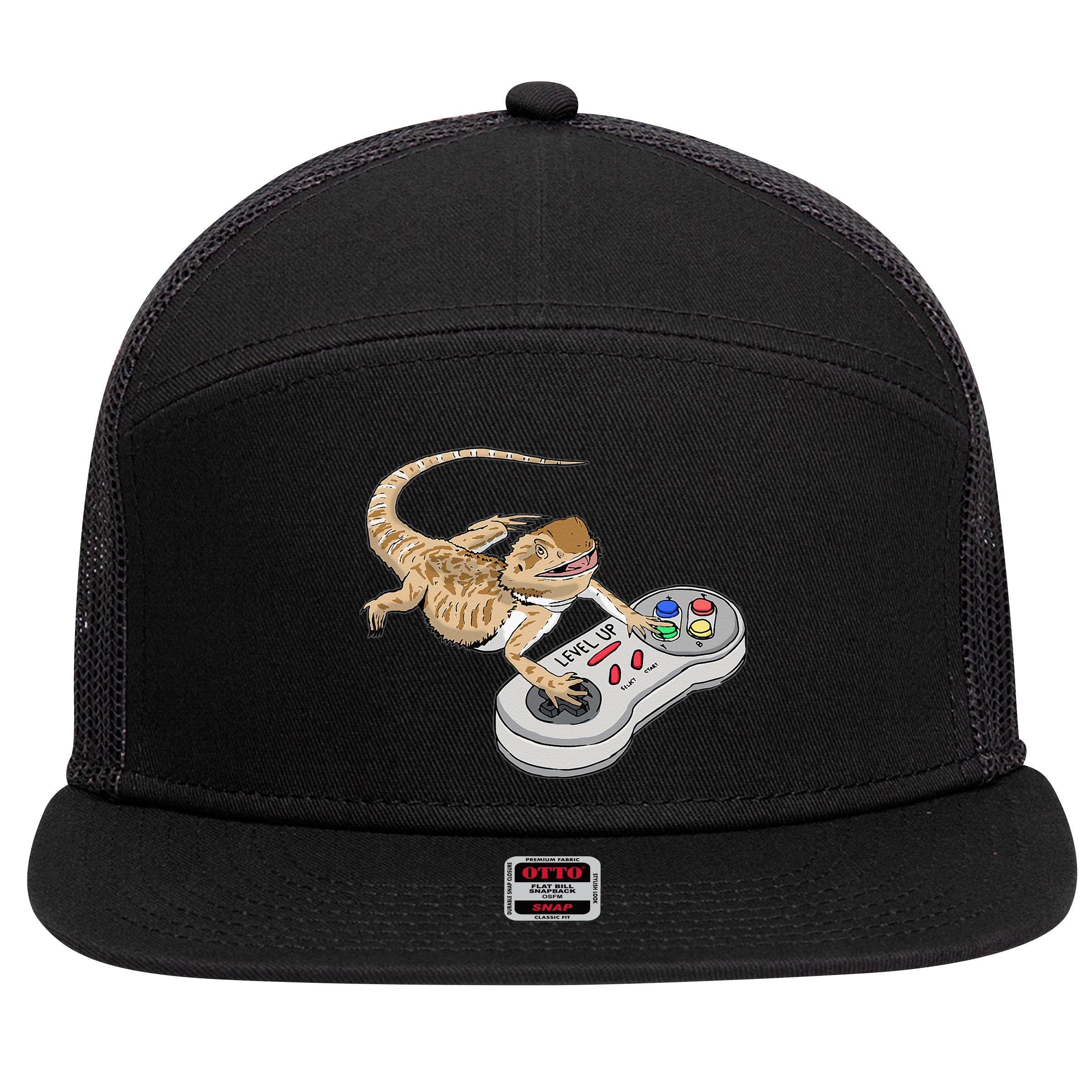 Bearded Dragon Playing Video Game Reptiles Pagona Gamers 7 Panel Mesh Trucker Snapback Hat