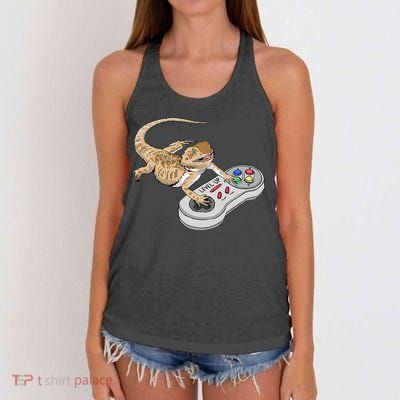 Bearded Dragon Playing Video Game Reptiles Pagona Gamers Women's Knotted Racerback Tank