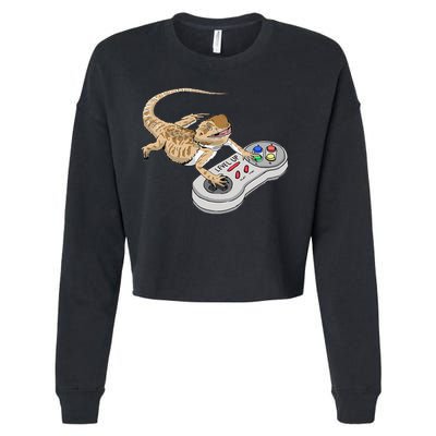 Bearded Dragon Playing Video Game Reptiles Pagona Gamers Cropped Pullover Crew