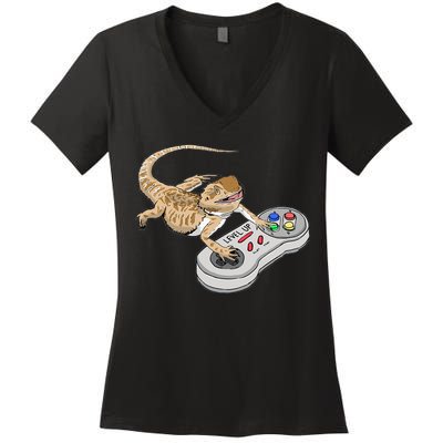 Bearded Dragon Playing Video Game Reptiles Pagona Gamers Women's V-Neck T-Shirt