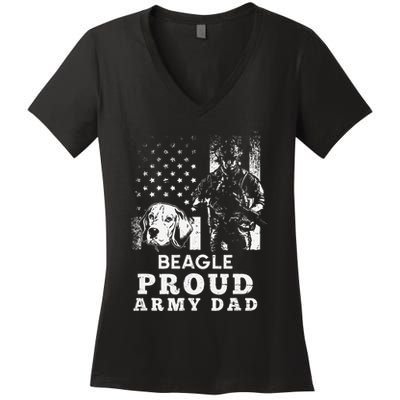 Beagle Dog Proud Army Dad American Flag Patriotic Vintage Women's V-Neck T-Shirt
