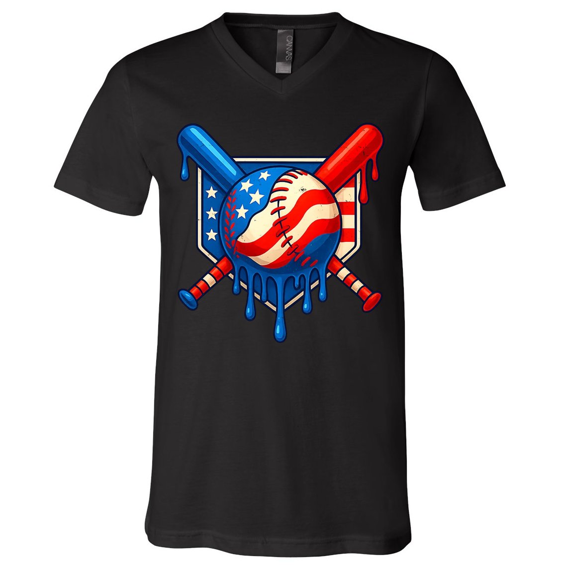 Baseball Drip Patriotic American Flag USA V-Neck T-Shirt
