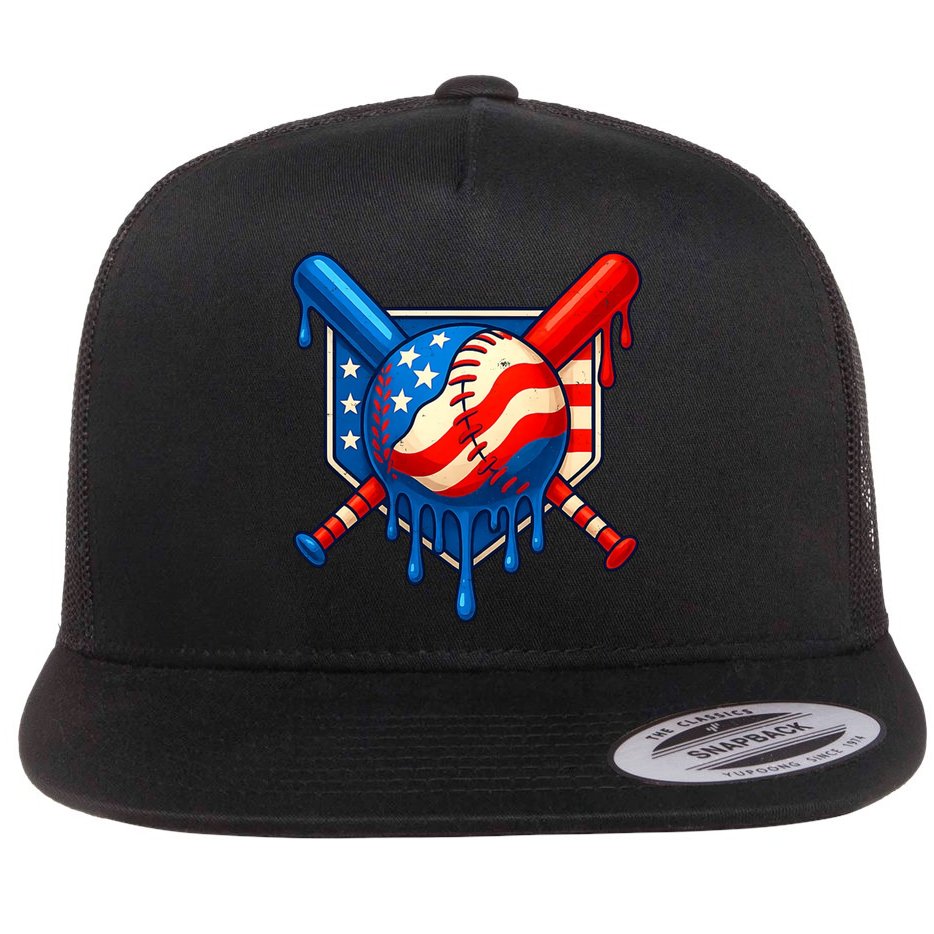 Baseball Drip Patriotic American Flag USA Flat Bill Trucker Hat