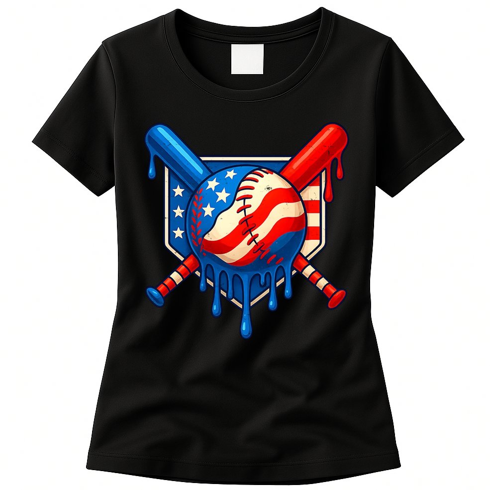 Baseball Drip Patriotic American Flag USA Womens T-Shirt