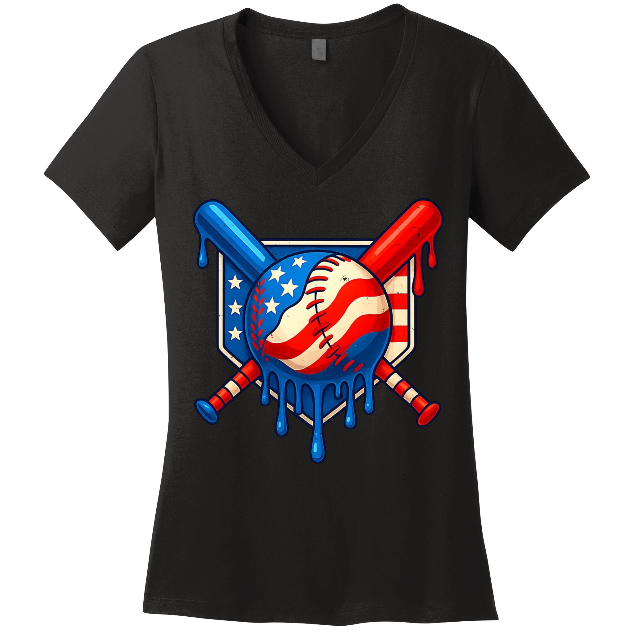 Baseball Drip Patriotic American Flag USA Women's V-Neck T-Shirt