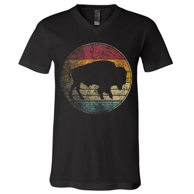 Buffalo Distressed Retro Bison Animal Lover V-Neck T-Shirt