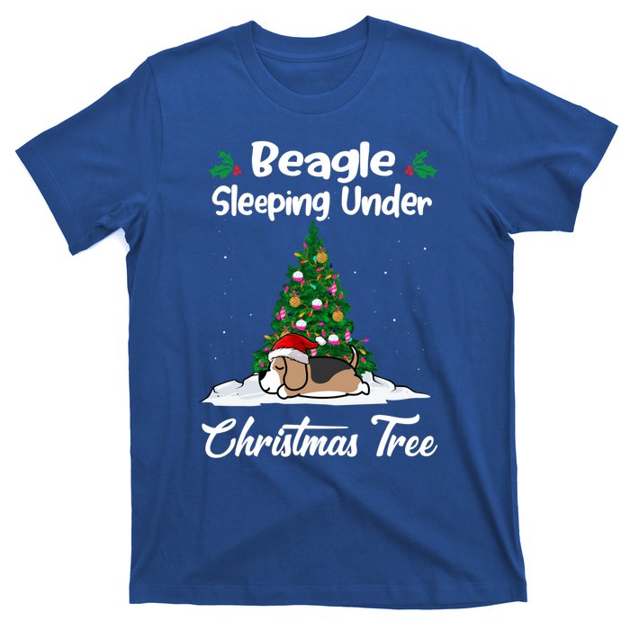 Beagle Dog Sleeping Under Christmas Tree Puppy Funny Xmas Gift T-Shirt