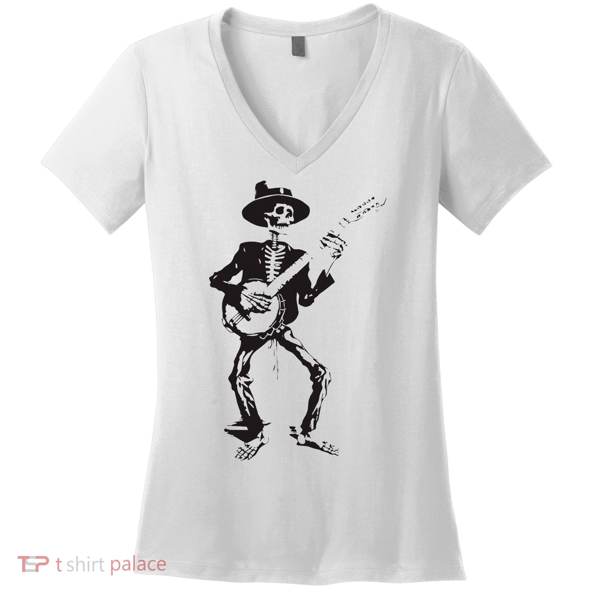 Banjo Dancing Skeleton Bluegrass Music Festival Women's V-Neck T-Shirt