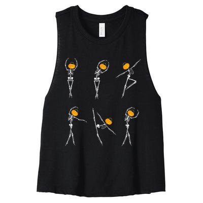 Ballet Dancer Skeletons Pumpkin Head Ballet Dance Halloween Women's Racerback Cropped Tank