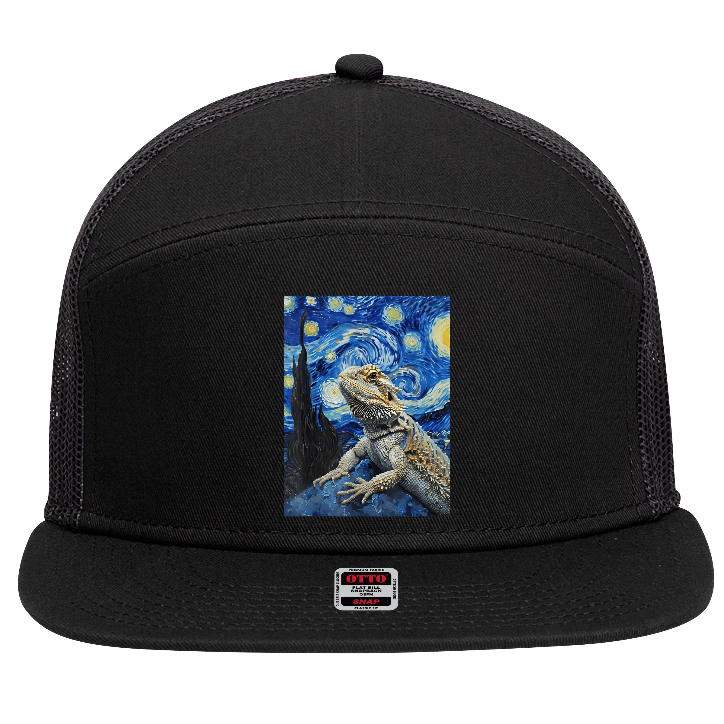 Bearded Dragon Starry Night Van Gogh Style 7 Panel Mesh Trucker Snapback Hat