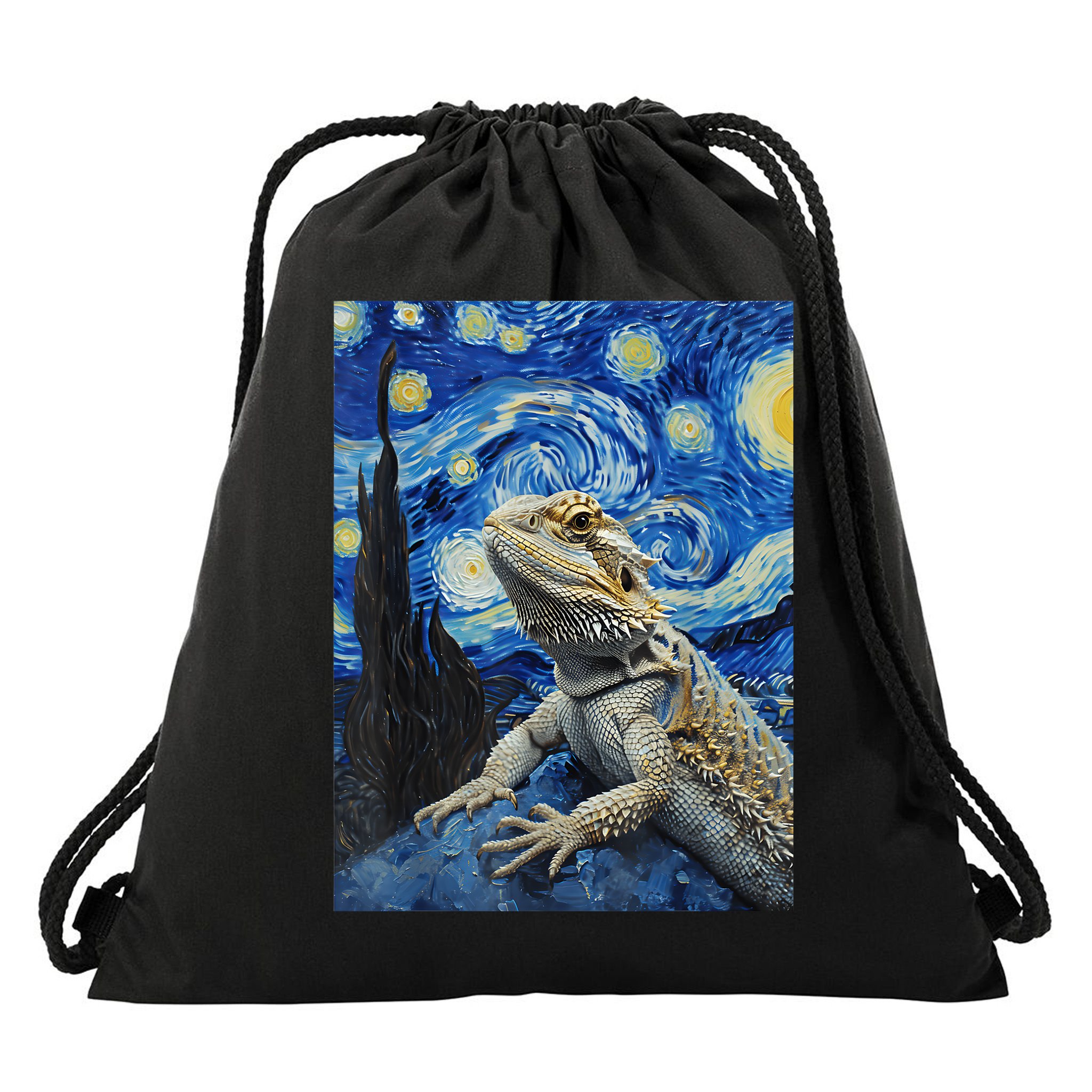 Bearded Dragon Starry Night Van Gogh Style Drawstring Bag