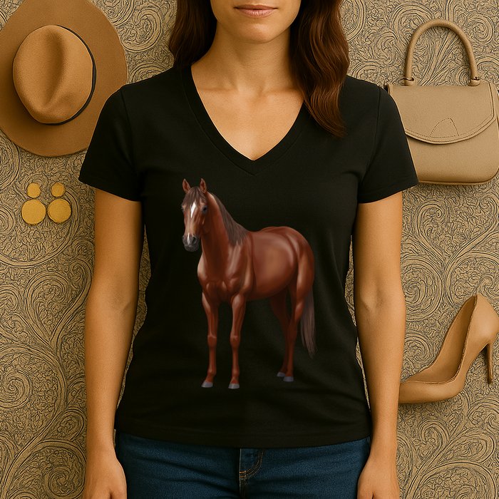 Beautiful Dark Sorrel Chestnut Quarter Horse Lover Retro Women's V-Neck T-Shirt