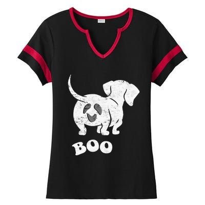 Boo Dachshund Spooky Dog Wiener Halloween Costume Ladies Halftime Notch Neck Tee