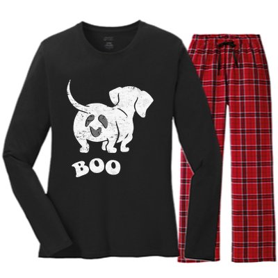 Boo Dachshund Spooky Dog Wiener Halloween Costume Women's Long Sleeve Flannel Pajama Set 