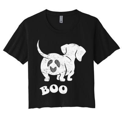 Boo Dachshund Spooky Dog Wiener Halloween Costume Women's Crop Top Tee