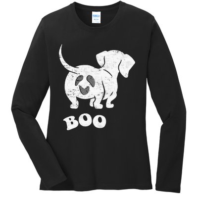 Boo Dachshund Spooky Dog Wiener Halloween Costume Ladies Long Sleeve Shirt